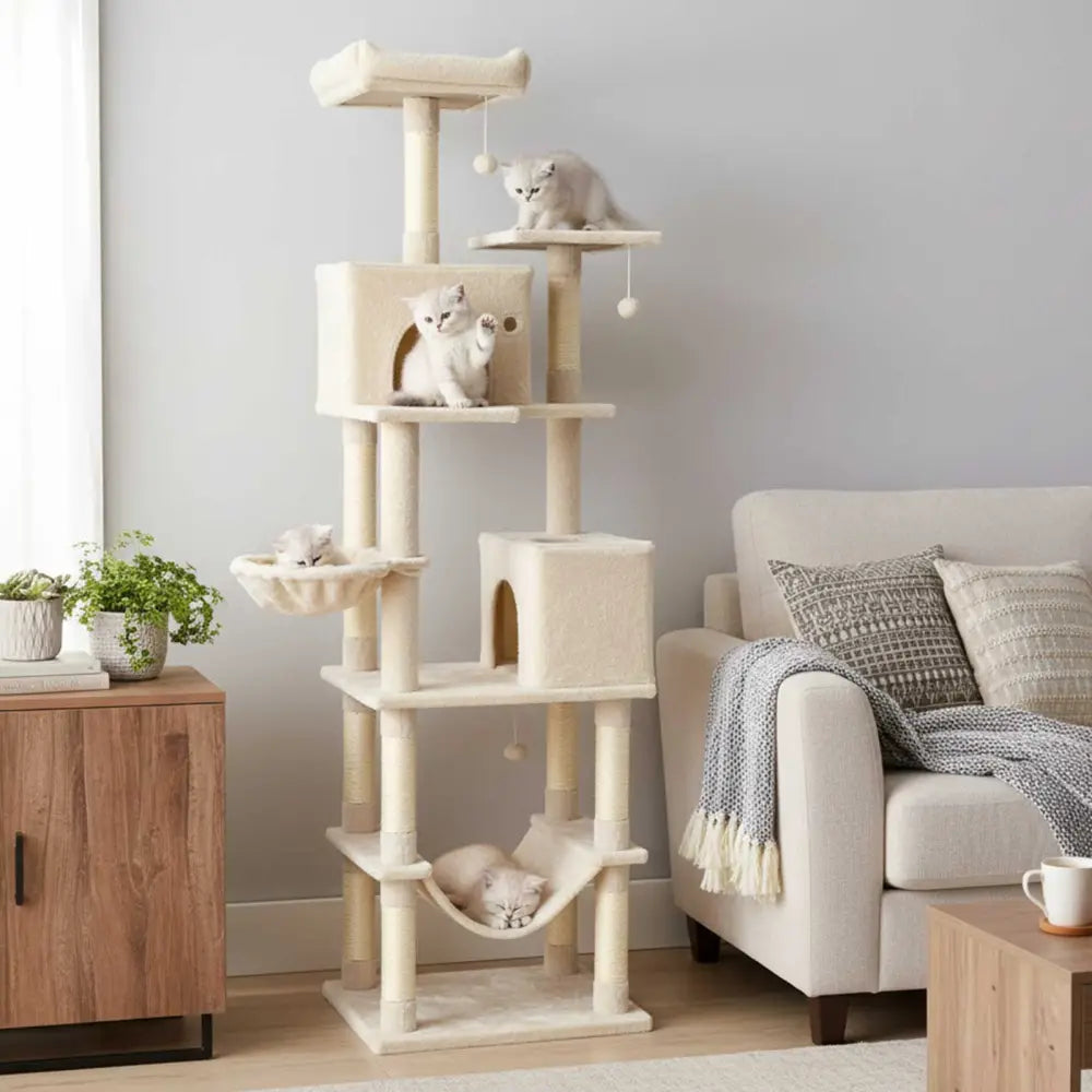 80 Inches Tall Cat Tree with 2 Large Condos and Dangling Toys-Beige - Beige - Cat Trees Condos & Scratchers