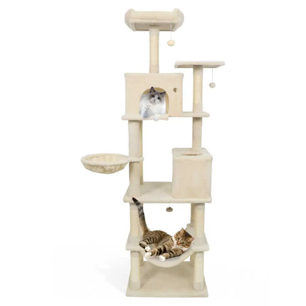 80 Inches Tall Cat Tree with 2 Large Condos and Dangling Toys - Beige - Oasis Home Essentials