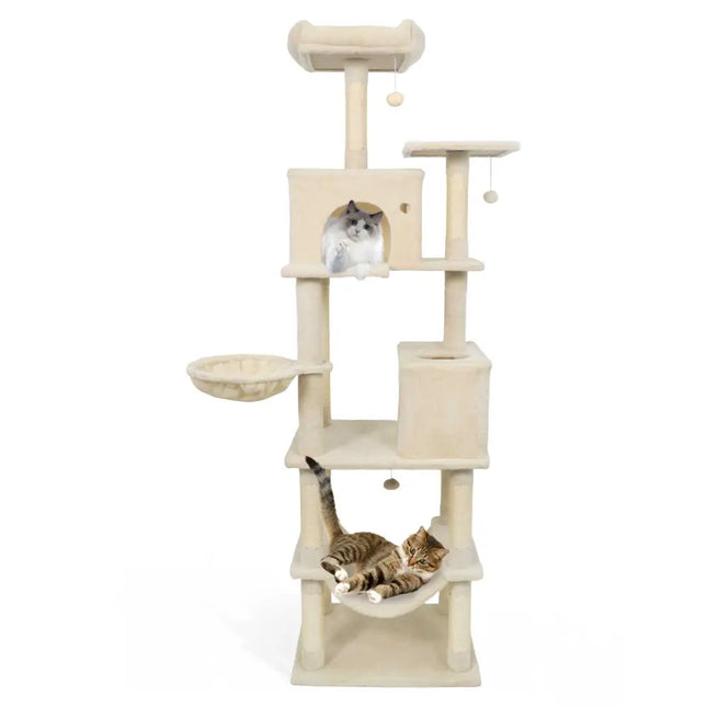 80 Inches Tall Cat Tree with 2 Large Condos and Dangling Toys - Beige - Oasis Home Essentials