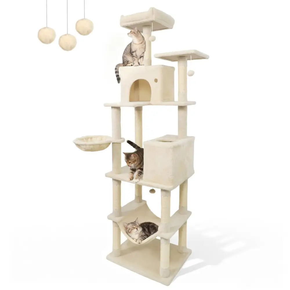 80 Inches Tall Cat Tree with 2 Large Condos and Dangling Toys-Beige - Beige - Cat Trees Condos & Scratchers