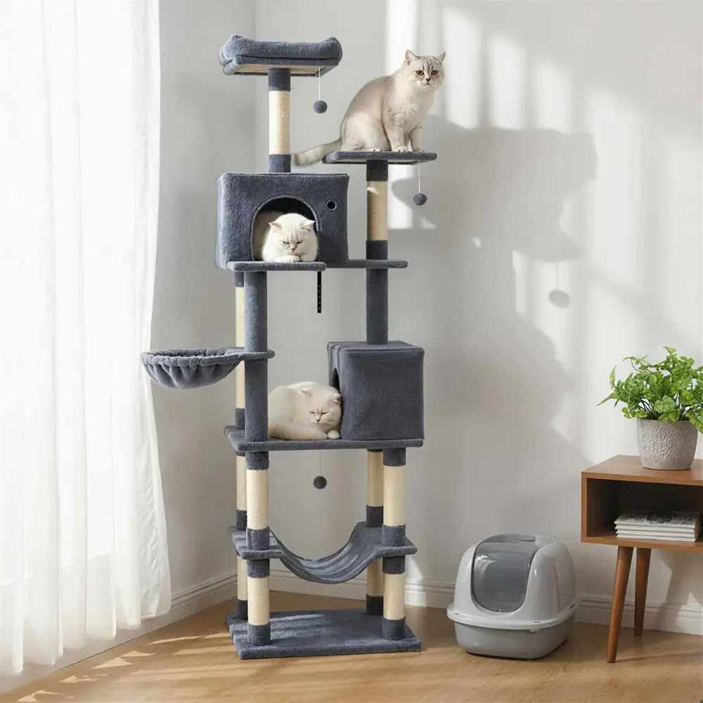 80 Inches Tall Cat Tree with 2 Large Condos and Dangling Toys-Dark Gray - Dark Gray - Cat Trees Condos & Scratchers