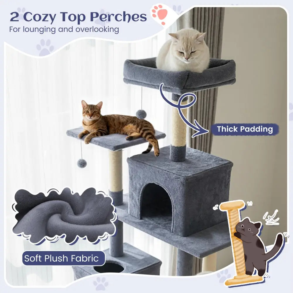80 Inches Tall Cat Tree with 2 Large Condos and Dangling Toys-Dark Gray - Dark Gray - Cat Trees Condos & Scratchers