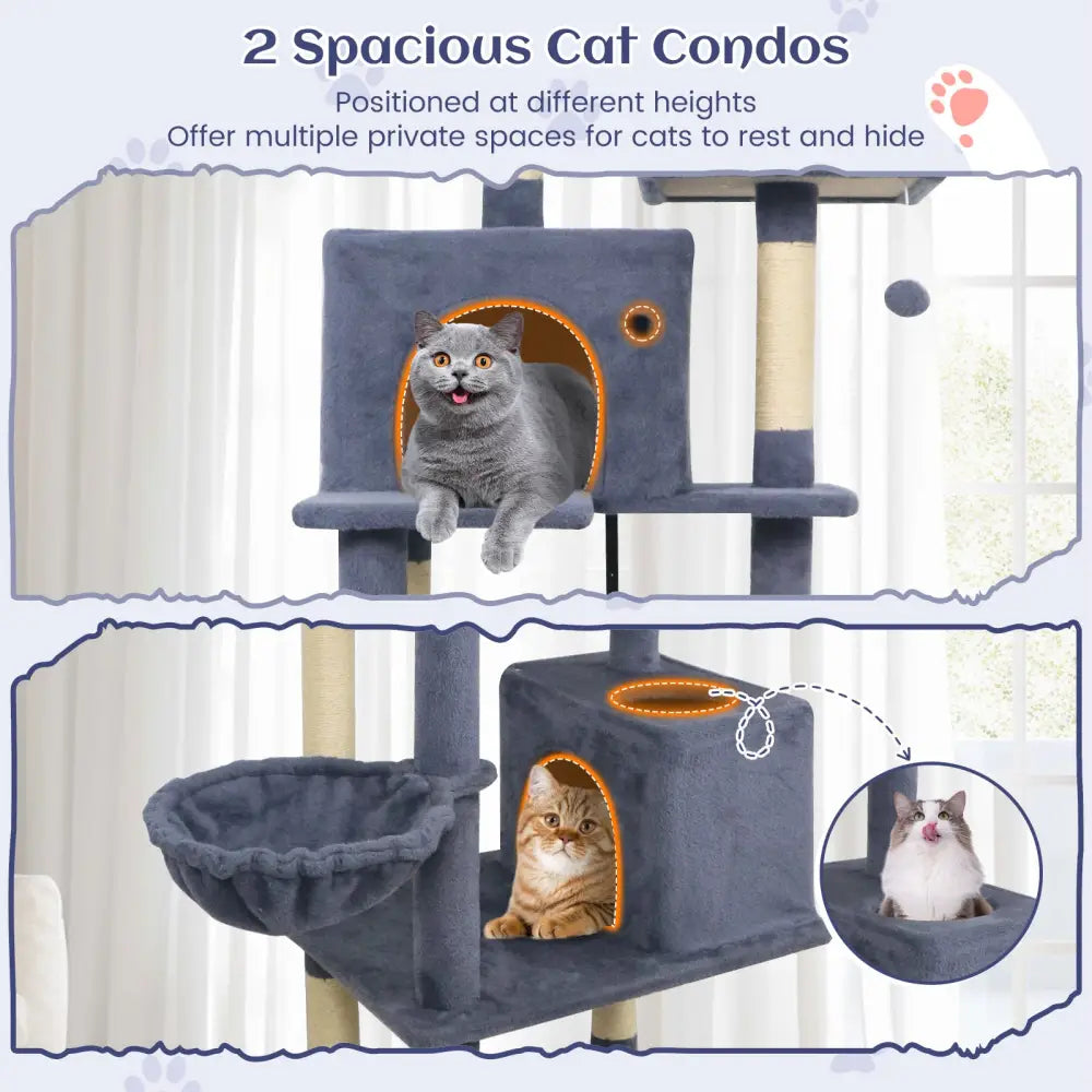 80 Inches Tall Cat Tree with 2 Large Condos and Dangling Toys-Dark Gray - Dark Gray - Cat Trees Condos & Scratchers