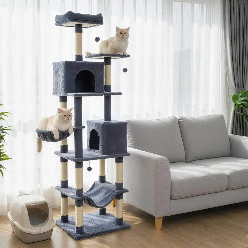 80 Inches Tall Cat Tree with 2 Large Condos and Dangling Toys-Dark Gray - Dark Gray - Cat Trees Condos & Scratchers