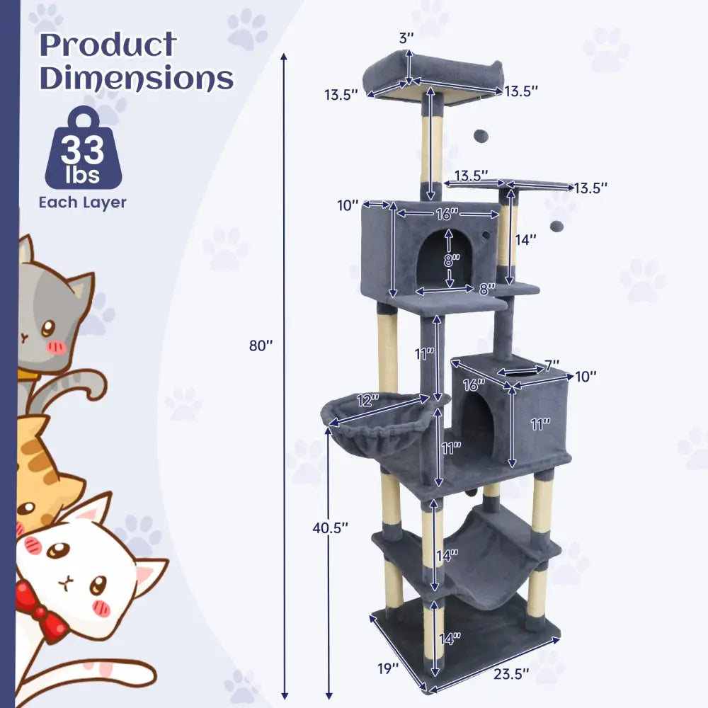 80 Inches Tall Cat Tree with 2 Large Condos and Dangling Toys-Dark Gray - Dark Gray - Cat Trees Condos & Scratchers