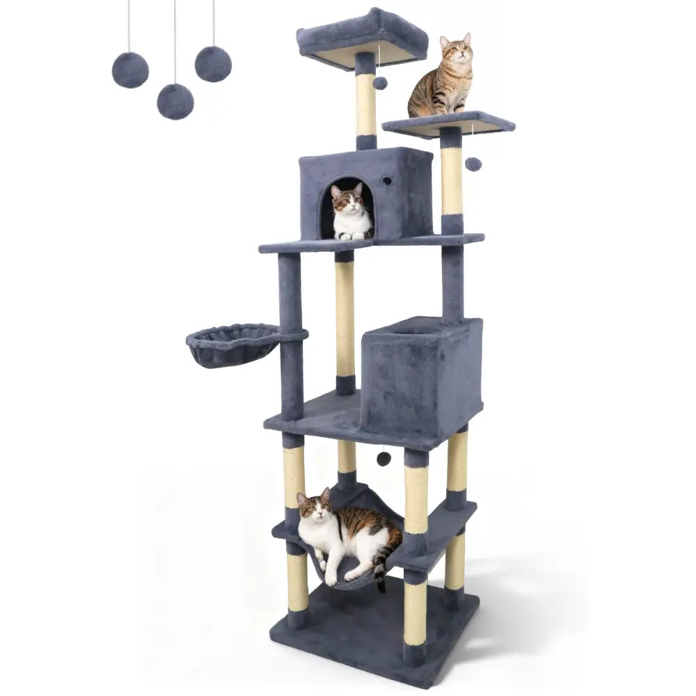 80 Inches Tall Cat Tree with 2 Large Condos and Dangling Toys-Dark Gray - Dark Gray - Cat Trees Condos & Scratchers
