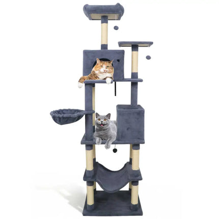 80 Inches Tall Cat Tree with 2 Large Condos and Dangling Toys - Dark Gray - Oasis Home Essentials