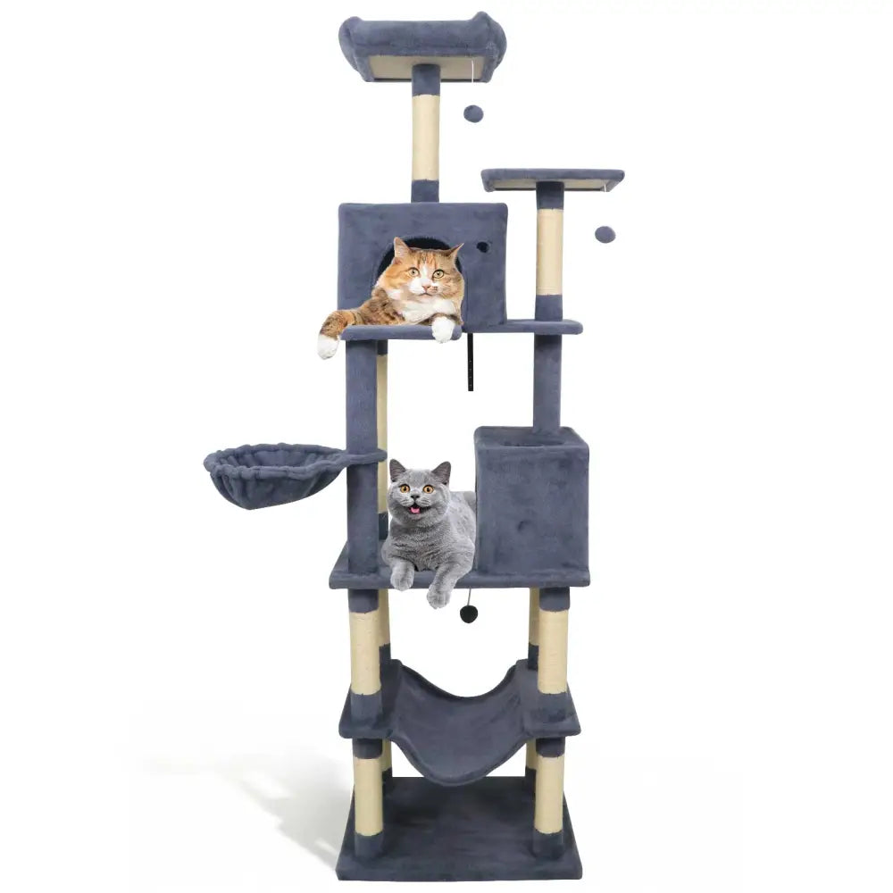 80 Inches Tall Cat Tree with 2 Large Condos and Dangling Toys-Dark Gray - Dark Gray - Cat Trees Condos & Scratchers