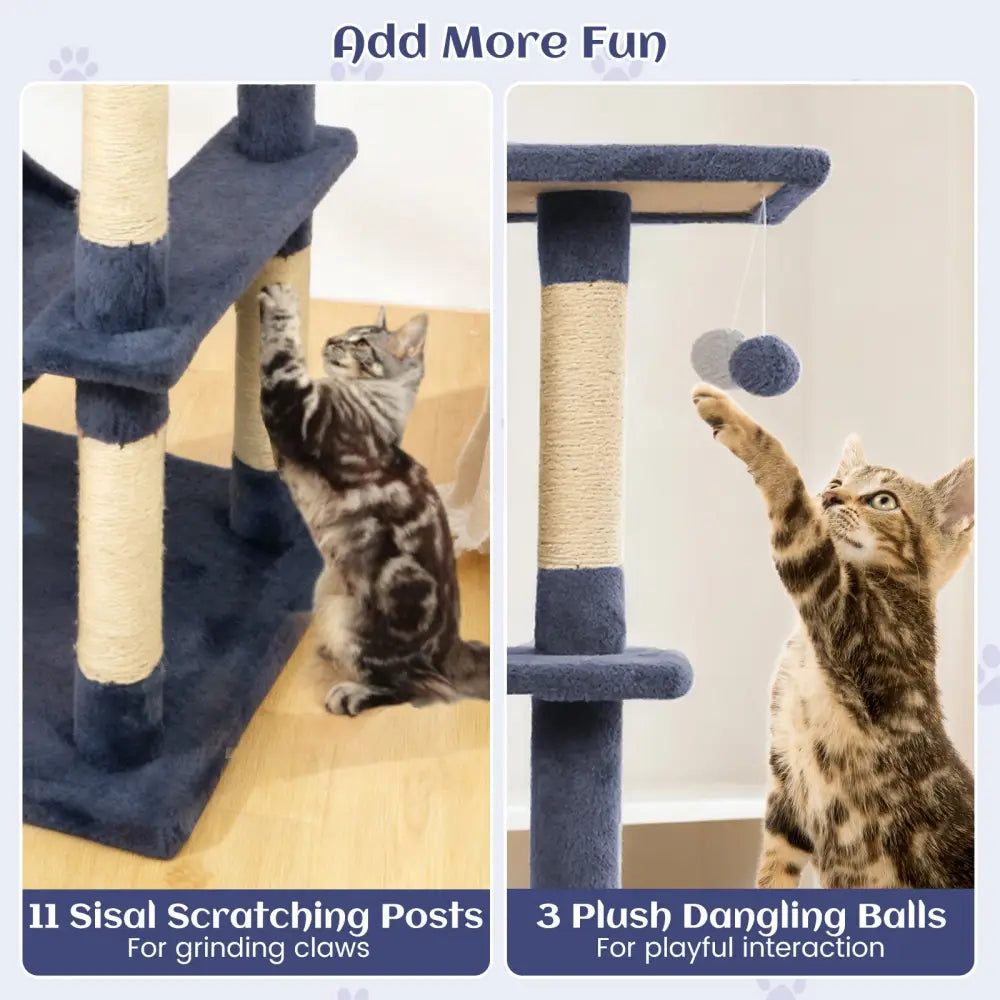 80 Inches Tall Cat Tree with 2 Large Condos and Dangling Toys-Dark Gray - Dark Gray - Cat Trees Condos & Scratchers