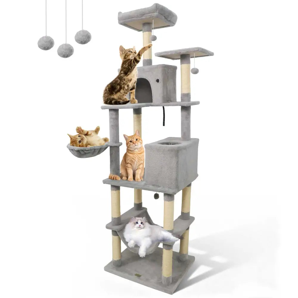 80 Inches Tall Cat Tree with 2 Large Condos and Dangling Toys-Light Gray - Light Gray - Cat Trees Condos & Scratchers