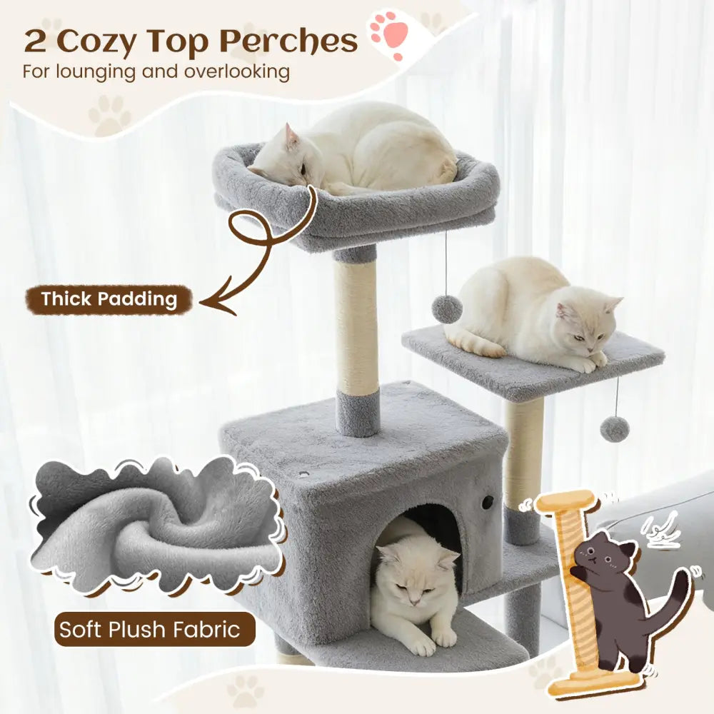 80 Inches Tall Cat Tree with 2 Large Condos and Dangling Toys-Light Gray - Light Gray - Cat Trees Condos & Scratchers