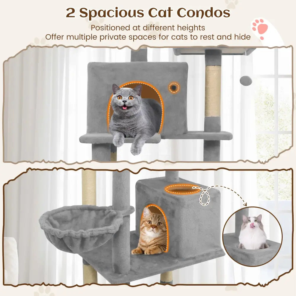 80 Inches Tall Cat Tree with 2 Large Condos and Dangling Toys-Light Gray - Light Gray - Cat Trees Condos & Scratchers