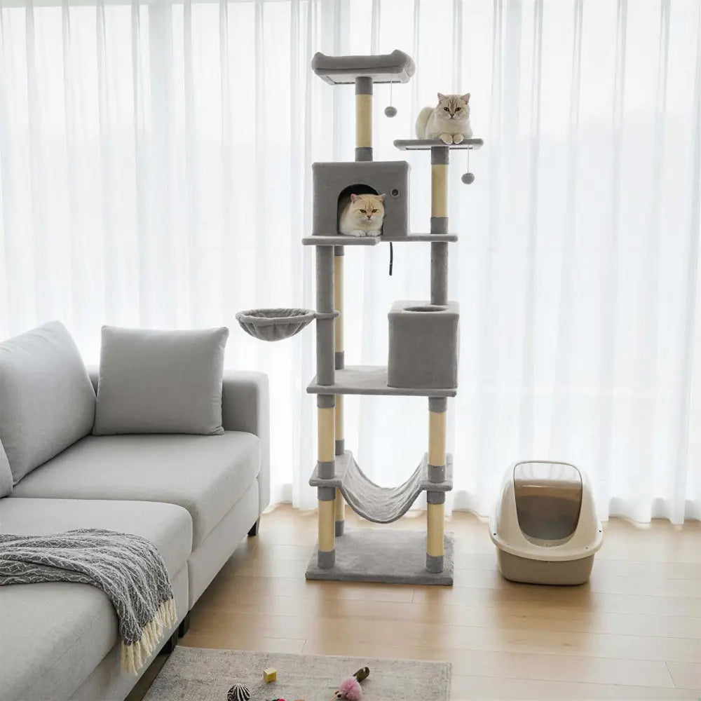 80 Inches Tall Cat Tree with 2 Large Condos and Dangling Toys-Light Gray - Light Gray - Cat Trees Condos & Scratchers
