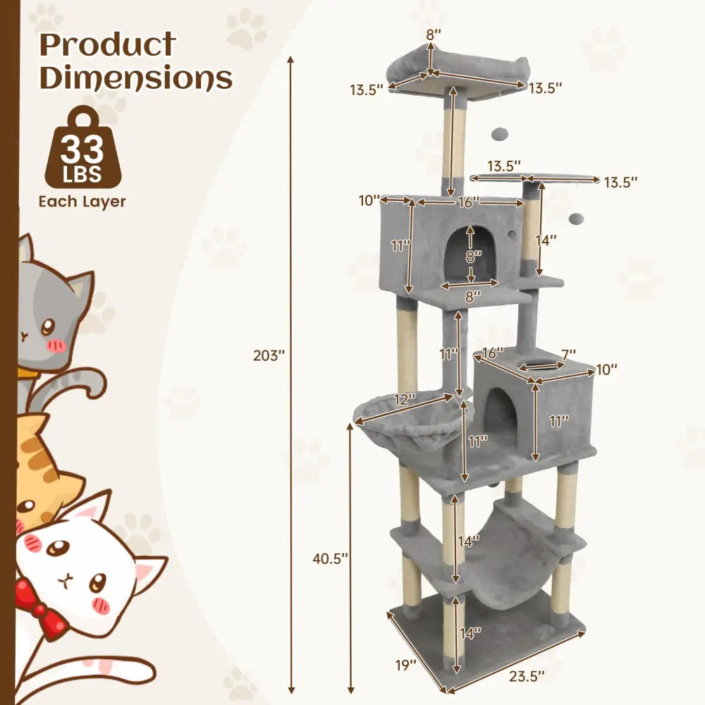 80 Inches Tall Cat Tree with 2 Large Condos and Dangling Toys-Light Gray - Light Gray - Cat Trees Condos & Scratchers