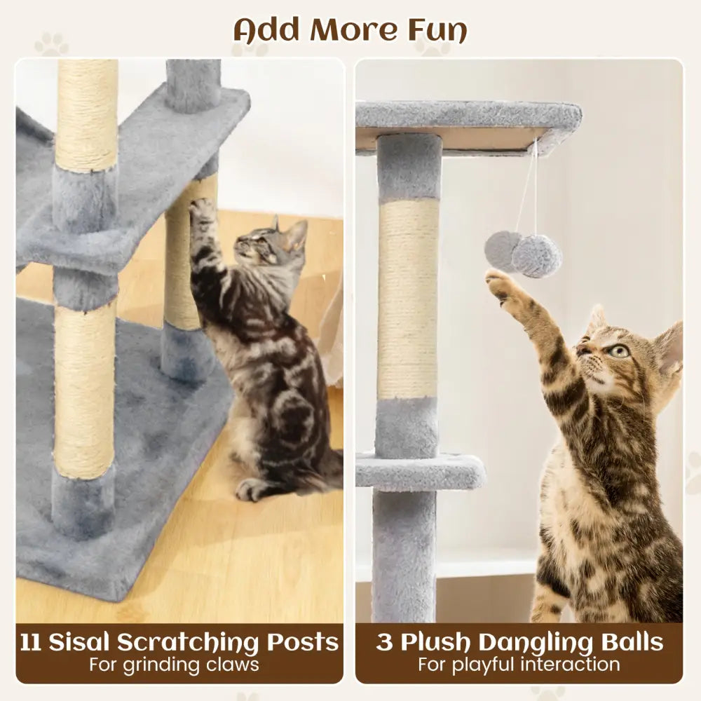 80 Inches Tall Cat Tree with 2 Large Condos and Dangling Toys-Light Gray - Light Gray - Cat Trees Condos & Scratchers