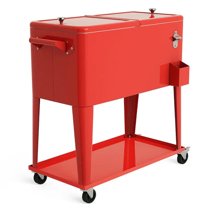 80 Quart Outdoor Patio Rolling Steel Construction Cooler - Red - Patio Bar Furniture
