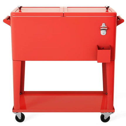80 Quart Outdoor Patio Rolling Steel Construction Cooler - Red - Patio Bar Furniture