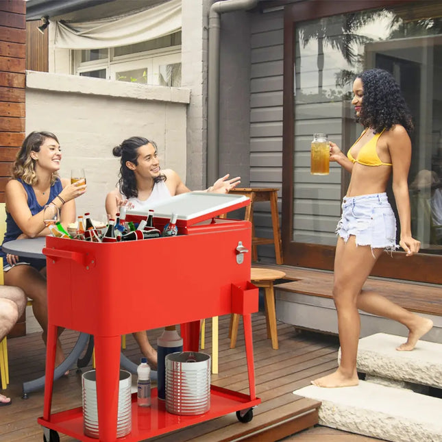 80 Quart Outdoor Patio Rolling Steel Construction Cooler - Red - Patio Bar Furniture