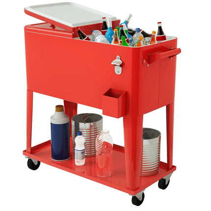 80 Quart Outdoor Patio Rolling Steel Construction Cooler - Red - Patio Bar Furniture