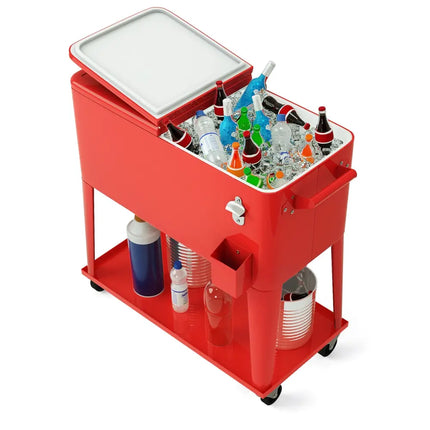80 Quart Outdoor Patio Rolling Steel Construction Cooler - Red - Patio Bar Furniture