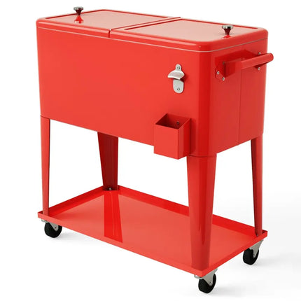 80 Quart Outdoor Patio Rolling Steel Construction Cooler - Red - Patio Bar Furniture
