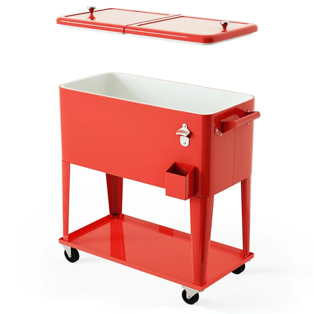 80 Quart Outdoor Patio Rolling Steel Construction Cooler - Red - Patio Bar Furniture