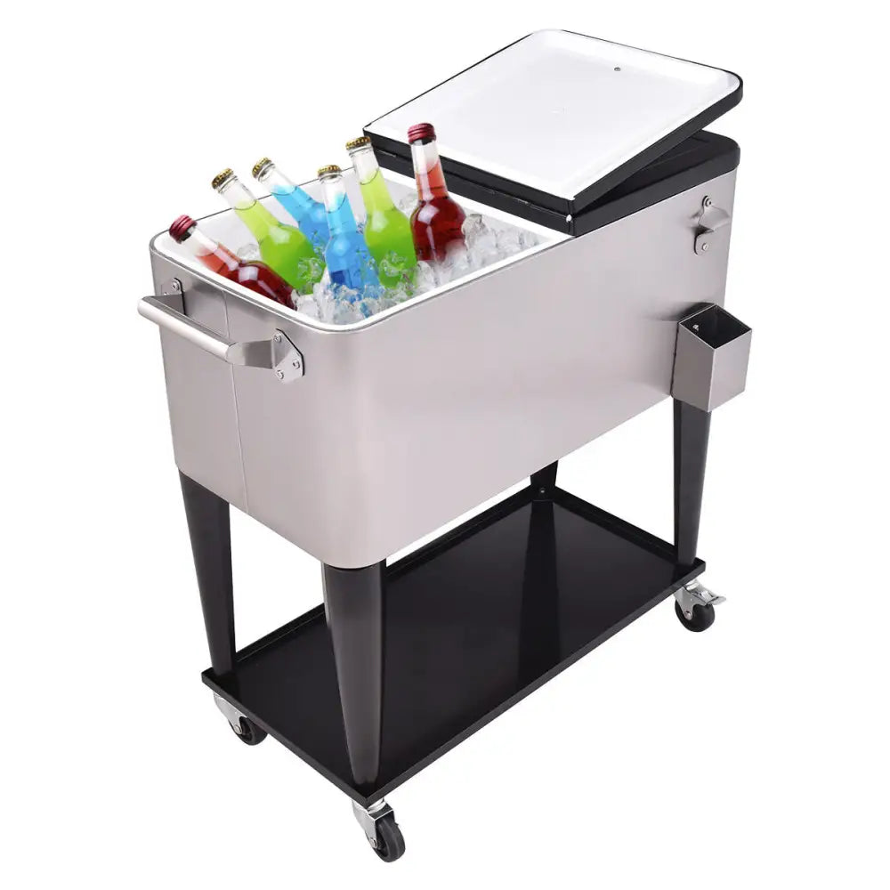 80 Quart Patio Rolling Stainless Steel Ice Beverage Cooler - Gray - Coolers