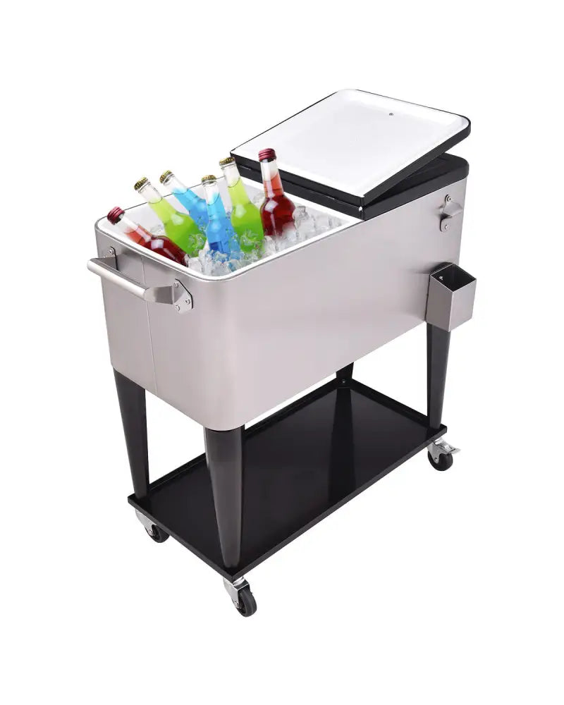 80 Quart Patio Rolling Stainless Steel Ice Beverage Cooler - Gray - Coolers
