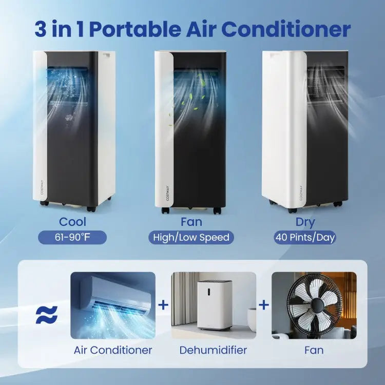 3-in-1 portable air conditioner with features highlighted on a blue background