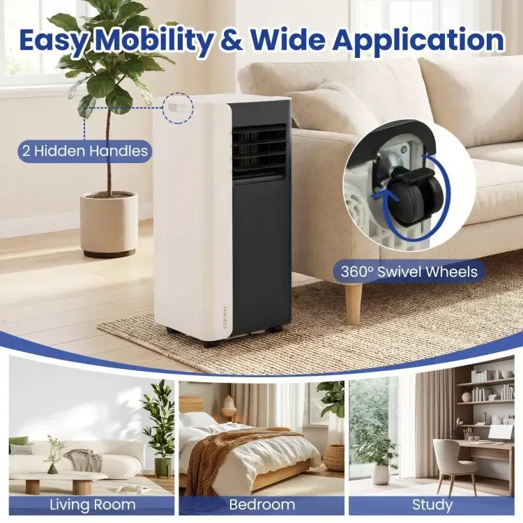 Portable air conditioner with features highlighted in a living room setting