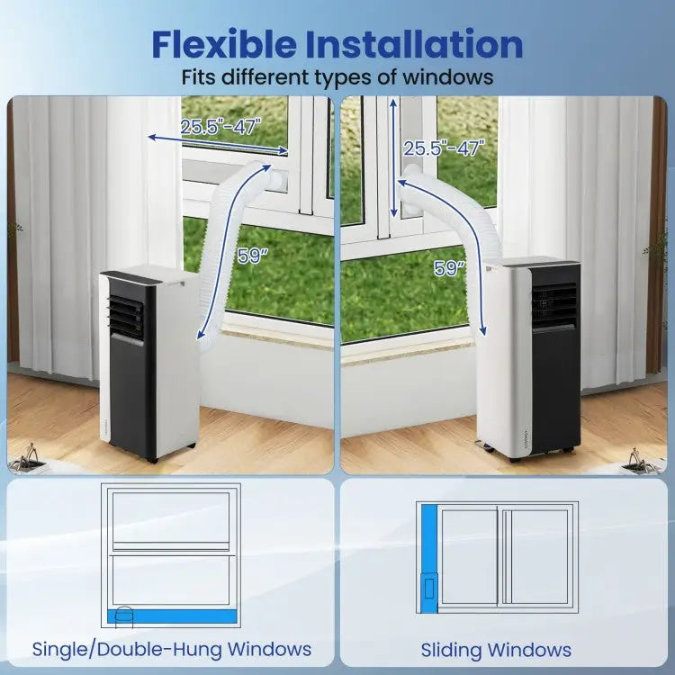 Portable air conditioner installation guide for different window types with measurements.