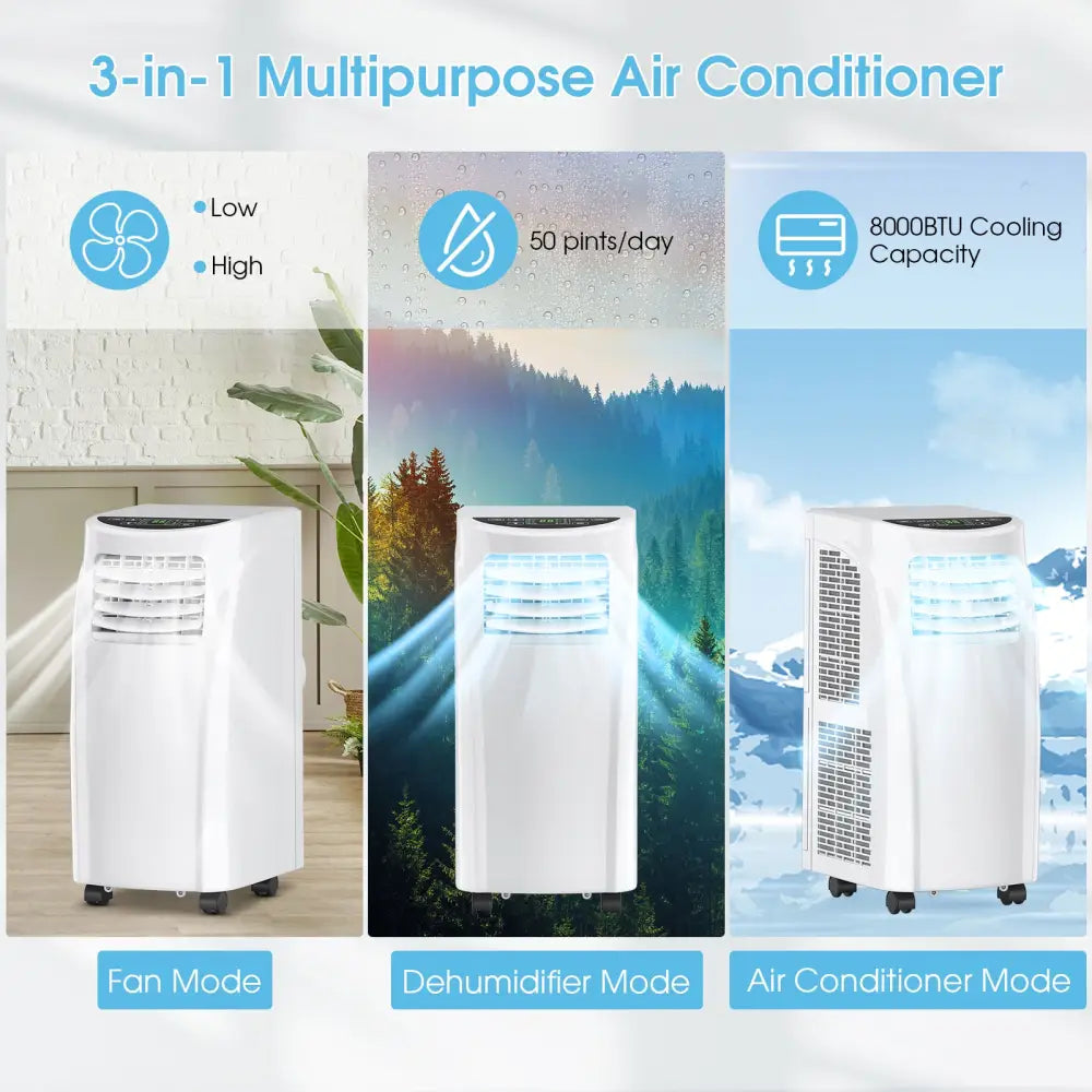 8000 BTU Portable Air Conditioner with Dehumidifier Function and Sleep Mode - White - Portable Air Conditioners
