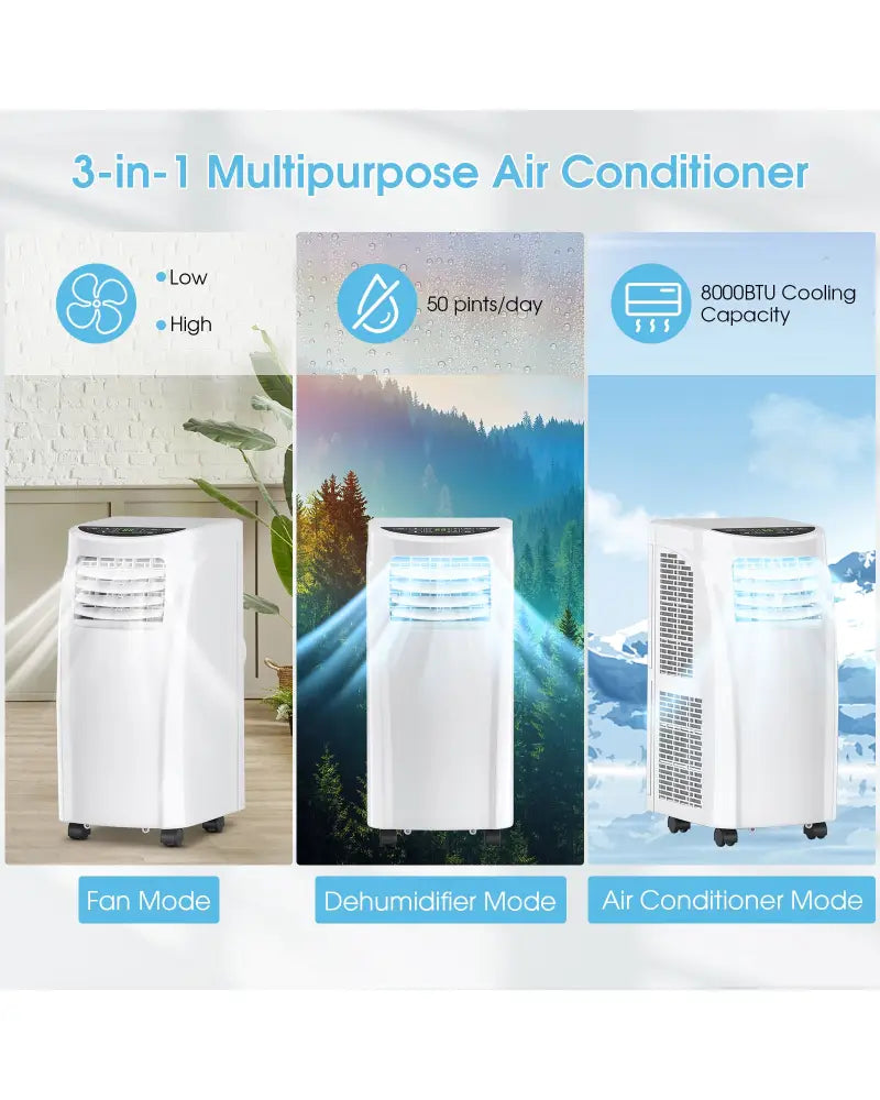 8000 BTU Portable Air Conditioner with Dehumidifier Function and Sleep Mode - White - Portable Air Conditioners