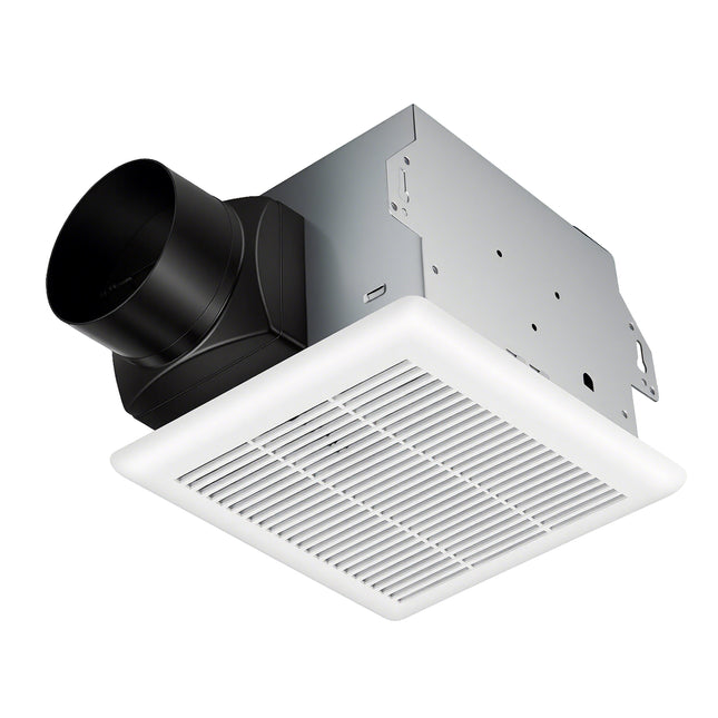Ceiling-mounted bathroom exhaust fan with black duct and white grille on a white background
