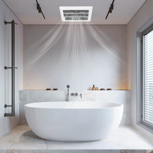 Modern bathroom with a freestanding bathtub, shower head, and window.