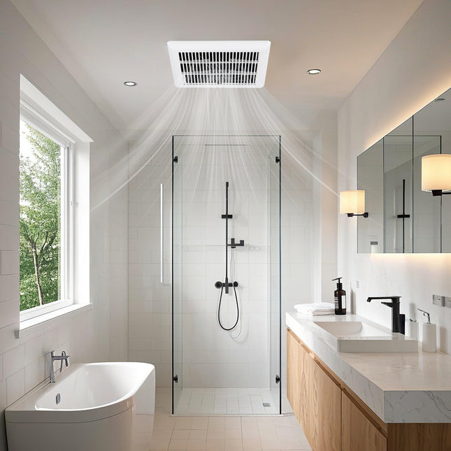 Modern bathroom with shower, bathtub, and vanity area.