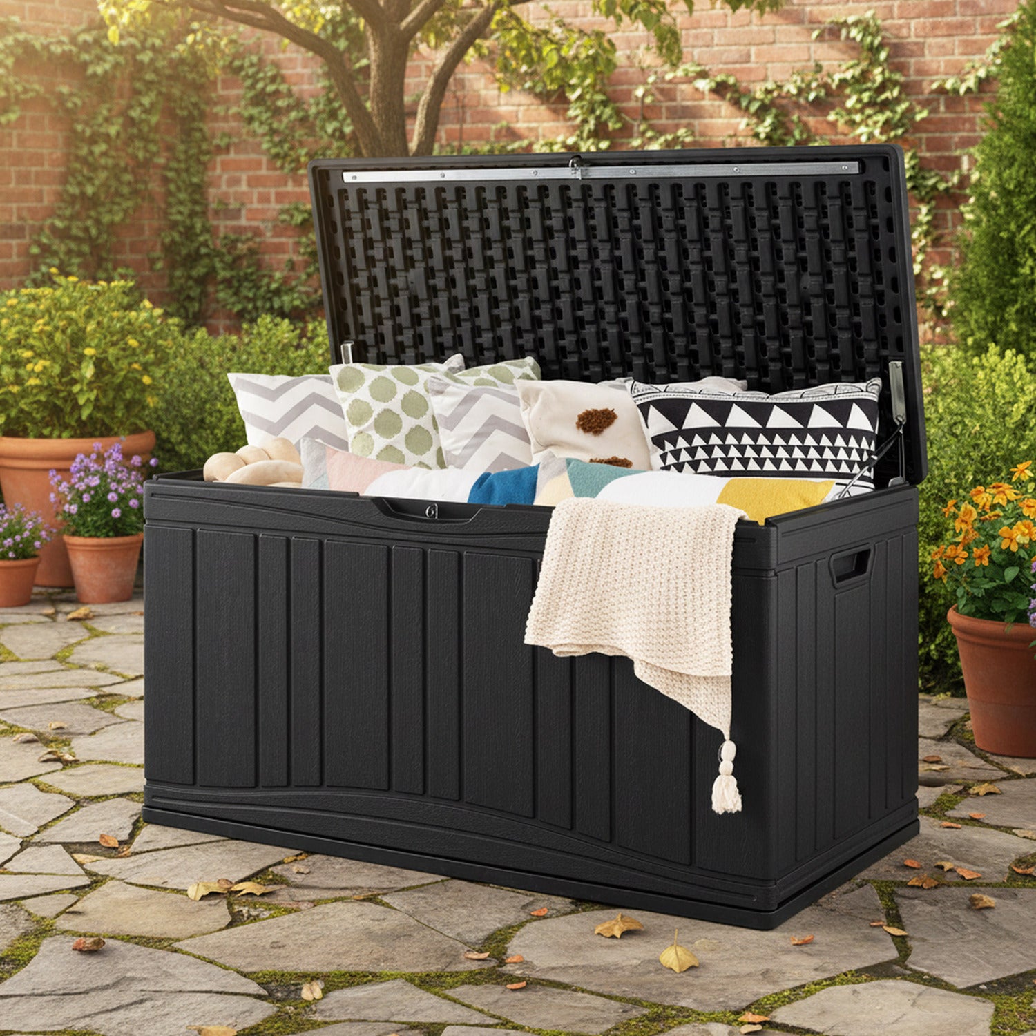 300 L Outdoor Deck Box with Lockable Lid for Garden Tools Cushions-Black