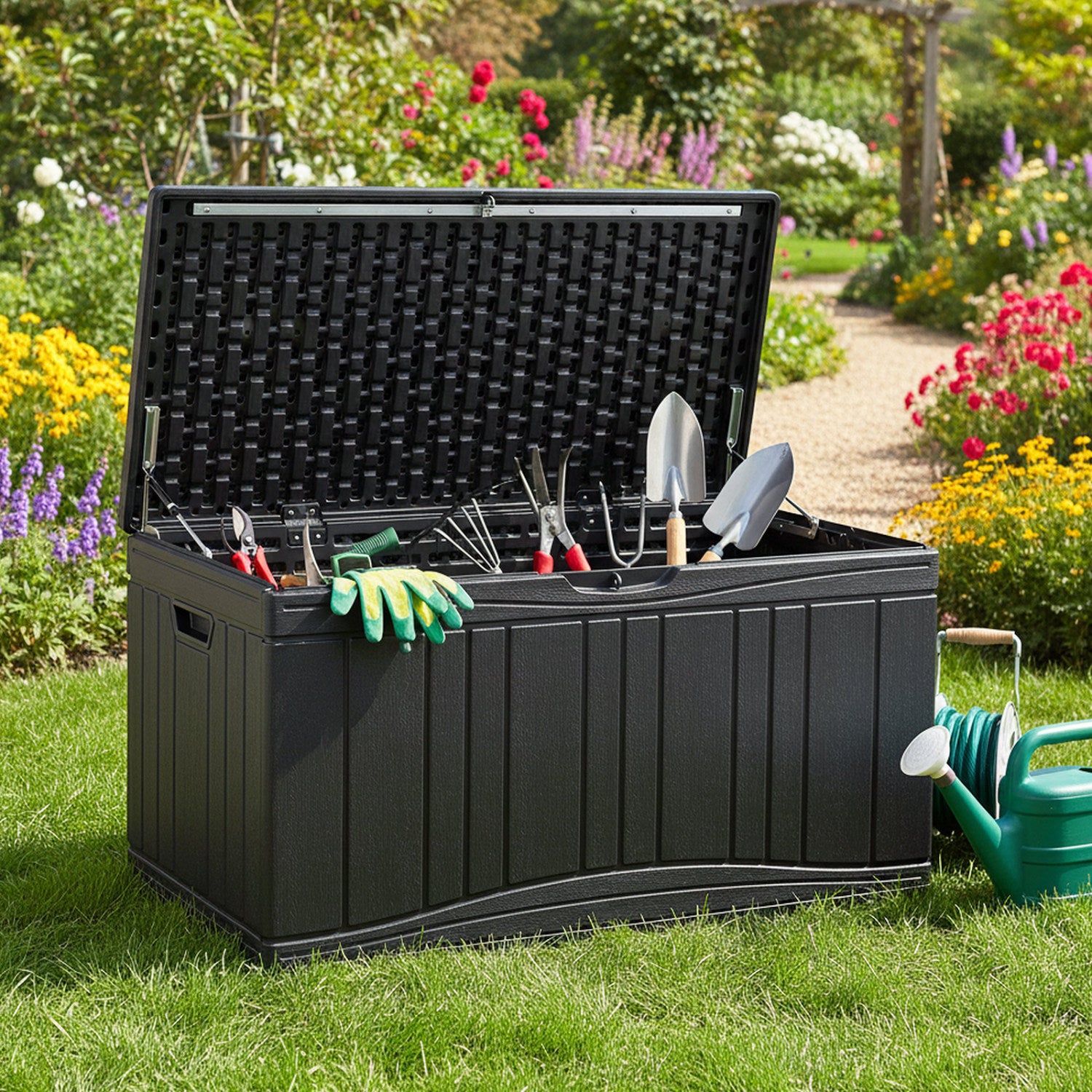 300 L Outdoor Deck Box with Lockable Lid for Garden Tools Cushions-Black