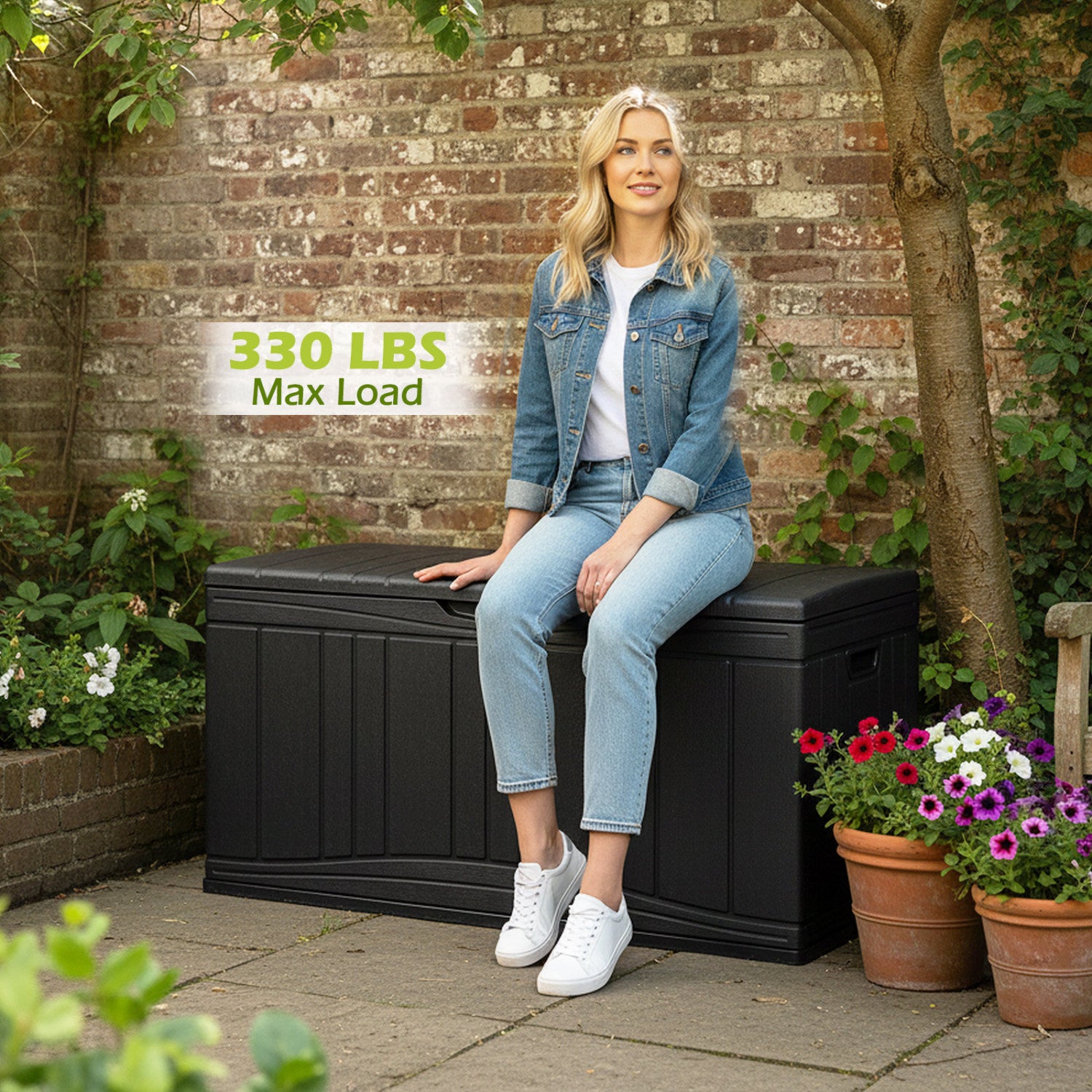 300 L Outdoor Deck Box with Lockable Lid for Garden Tools Cushions-Black