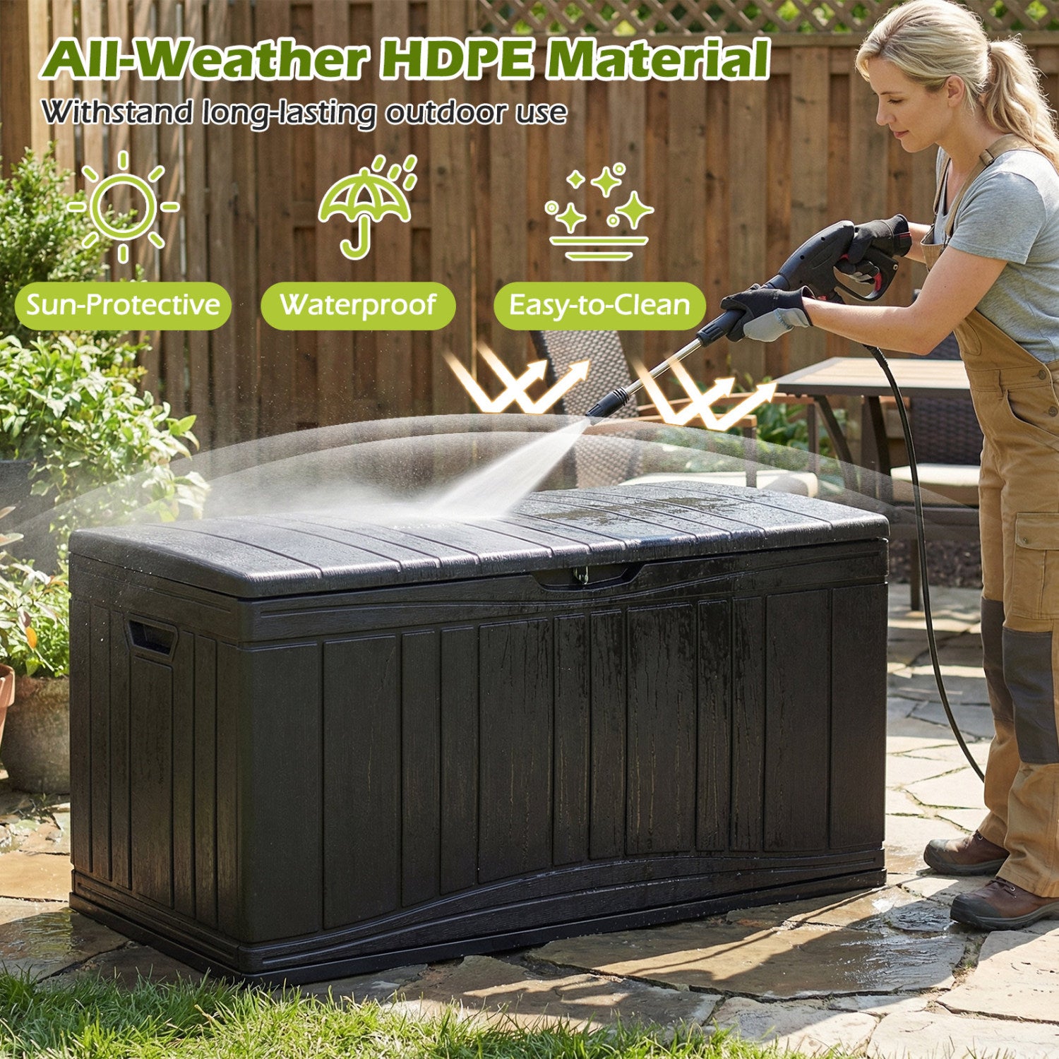 300 L Outdoor Deck Box with Lockable Lid for Garden Tools Cushions-Black