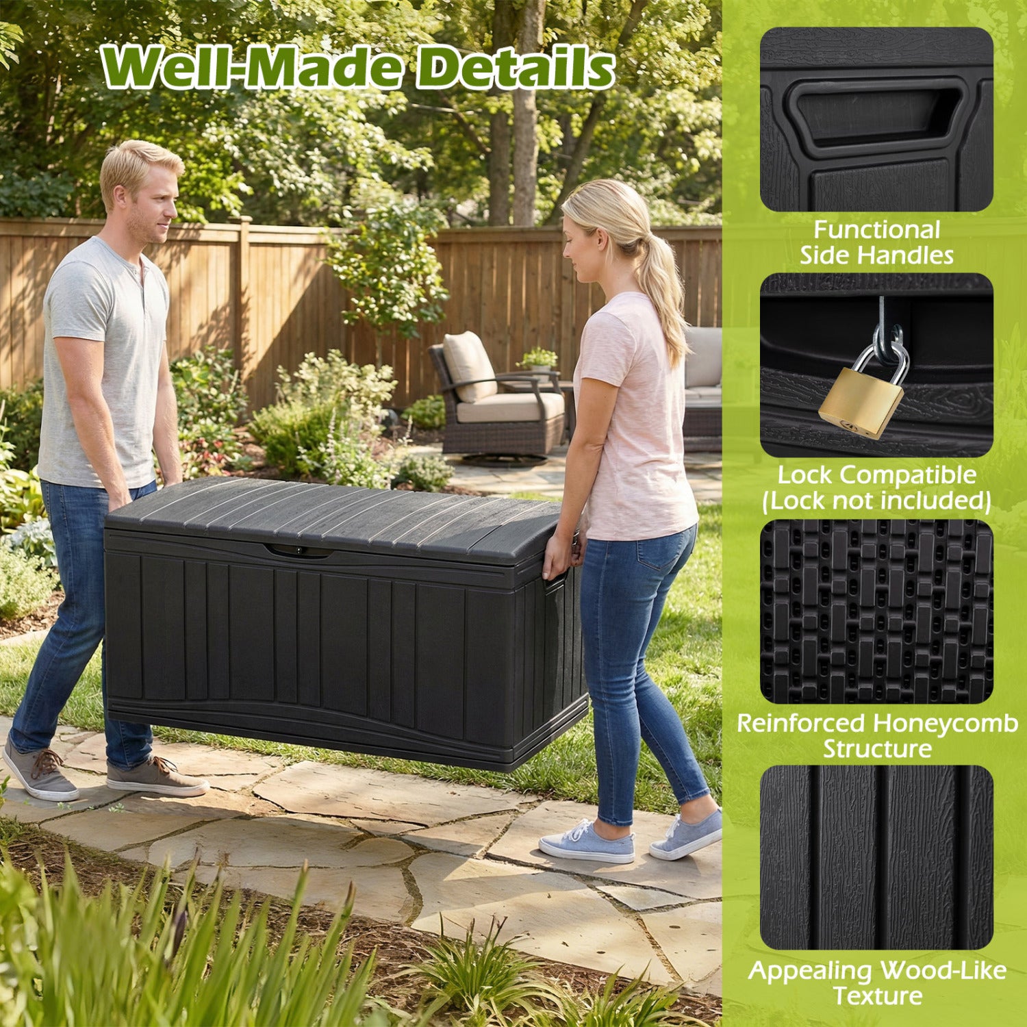 300 L Outdoor Deck Box with Lockable Lid for Garden Tools Cushions-Black