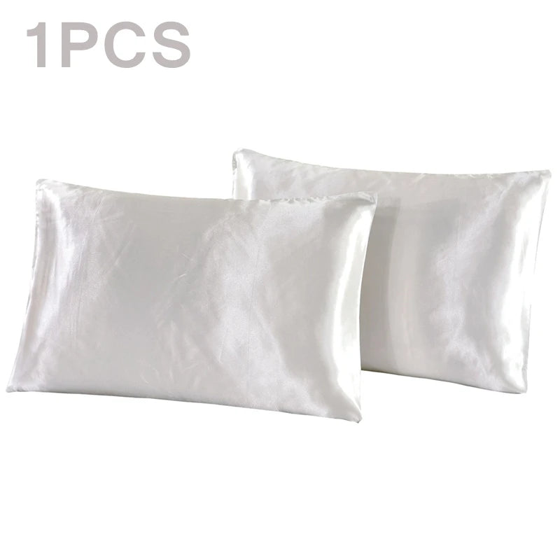 Two white satin pillowcases on a white background with '1PCS' text.