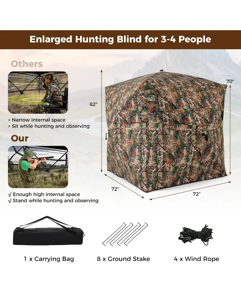 82 Inch Tall Hunting Blind 270° One Way See Through Ground Tent for 3-4 People - Camouflage - Tents