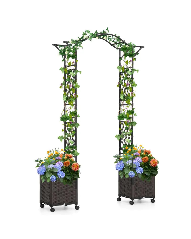 82 x 99 Inch Garden Arch Trellis with 2 Self-Watering Planter Boxes Wheels-Black - Black - Outdoor Decor