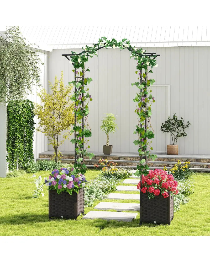 82 x 99 Inch Garden Arch Trellis with 2 Self-Watering Planter Boxes Wheels-Black - Black - Outdoor Decor