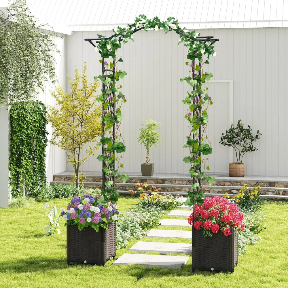 82 x 99 Inch Garden Arch Trellis with 2 Self-Watering Planter Boxes Wheels-Black - Black - Outdoor Decor