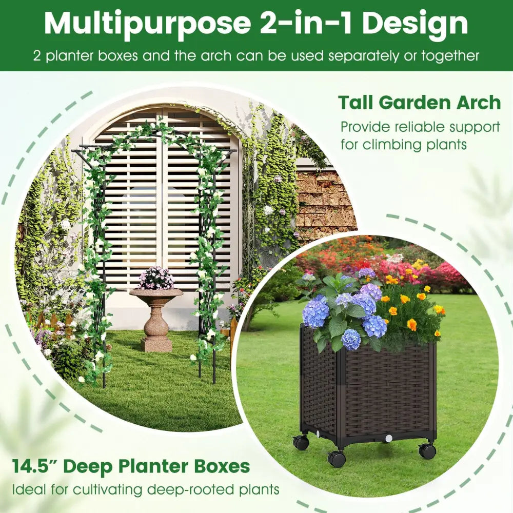 82 x 99 Inch Garden Arch Trellis with 2 Self-Watering Planter Boxes Wheels-Black - Black - Garden Arbors