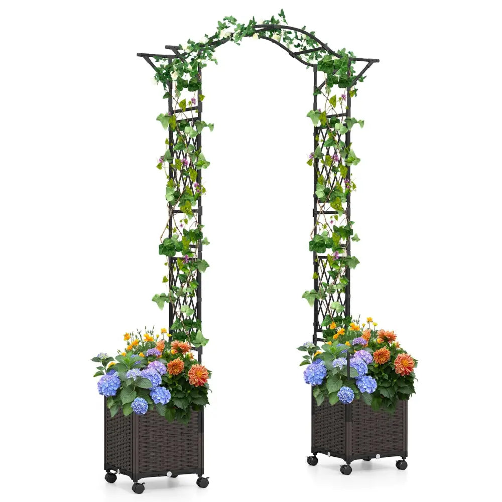 82 x 99 Inch Garden Arch Trellis with 2 Self-Watering Planter Boxes Wheels-Black - Black - Garden Arbors
