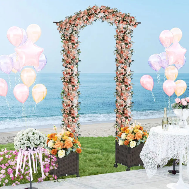 82 x 99 Inch Garden Arch Trellis with 2 Self-Watering Planter Boxes Wheels-Black - Black - Outdoor Decor
