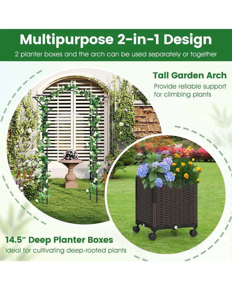82 x 99 Inch Garden Arch Trellis with 2 Self-Watering Planter Boxes Wheels-Black - Black - Outdoor Decor